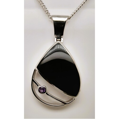 Sterling Silver Onyx and Amethyst Pendant