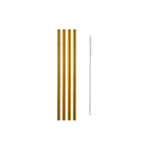 Cocktail & Co. Set of 4 Gold Reusable Stainless Steel Wide Straws with Brush