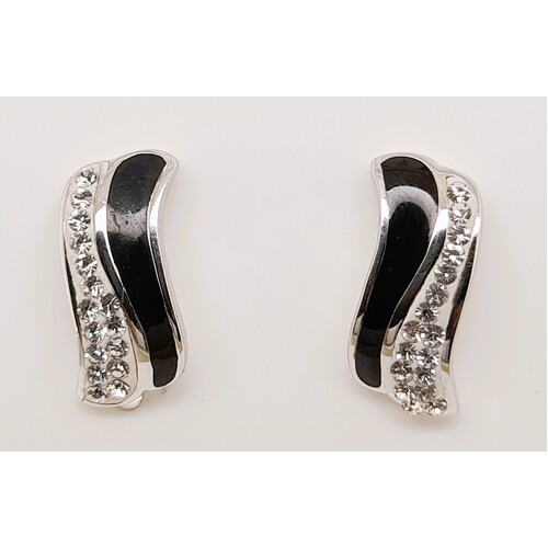 Sterling Silver Black Enamel and Cubic Zirconia Earrings
