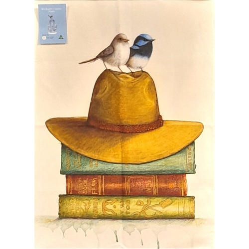 Michaela Laurie Superb Fairy Wrens on Akubra Hat Cotton Tea Towel