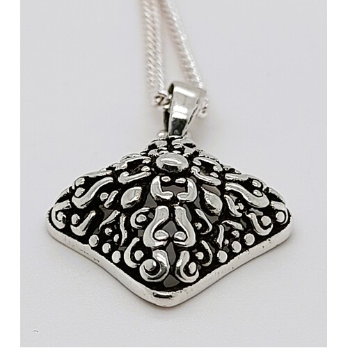 Oxidised Sterling Silver Diamond Shaped Filigree Pendant - CLEARANCE