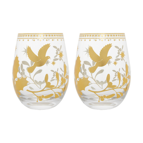 Maxwell & Williams Set of 2 White Christmas 550ml Gold Stemless Wine Glasses