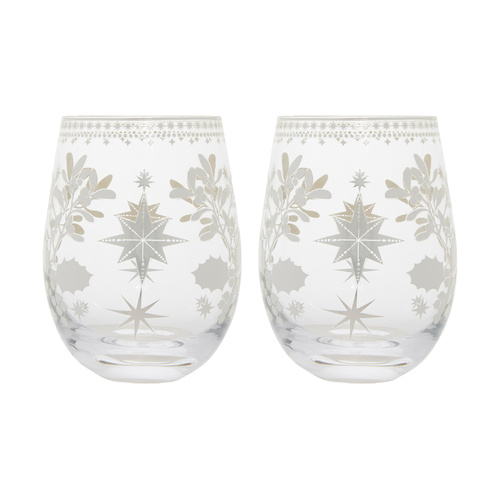 Maxwell & Williams Set of 2 White Christmas 550ml Silver Stemless Wine Glasses