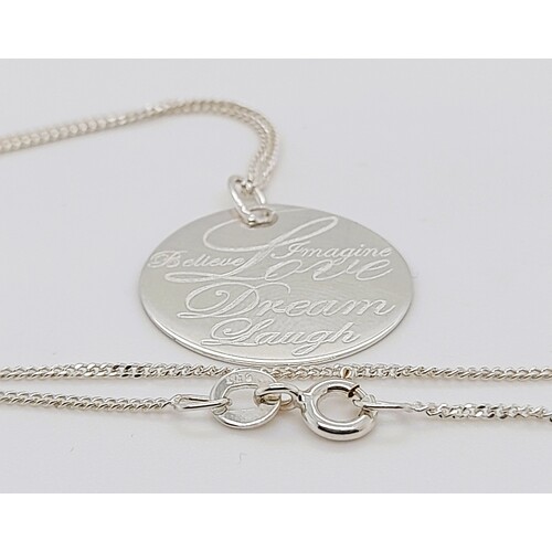 Sterling Silver Inscribed 'Imagine, Believe, Love, Dream & Laugh' Disc Pendant - CLEARANCE