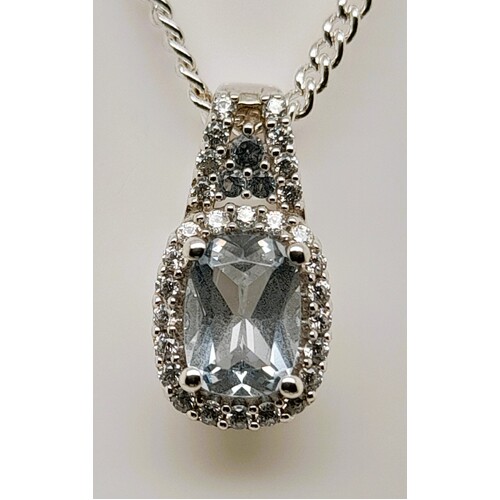 Sterling Silver Created Aquamarine and Cubic Zirconia Pendant