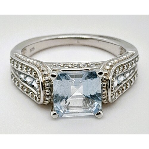 Sterling Silver Created Aquamarine and Cubic Zirconia Dress Ring AUS Size L