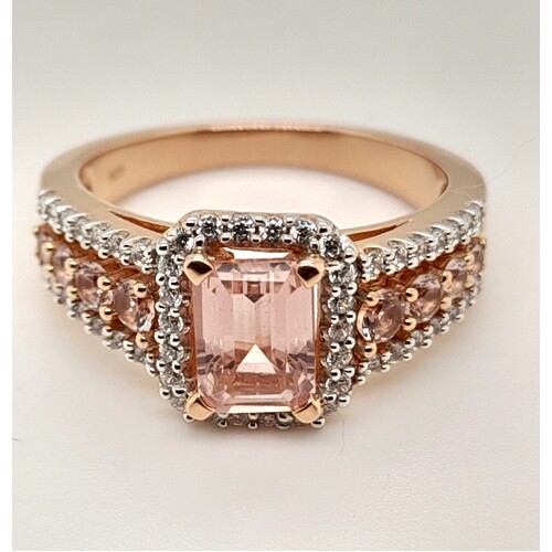 Sterling Silver with Rose Gold Plated Created Morganite & Cubic Zirconia Ring AUS Size N