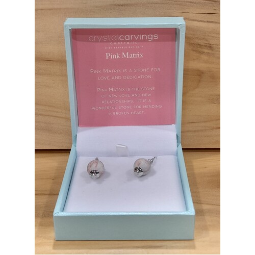 Crystal Carvings Naturals Matte Pink Matrix Drop Earrings 10mm Bead on Rhodium Plated Silver Hooks