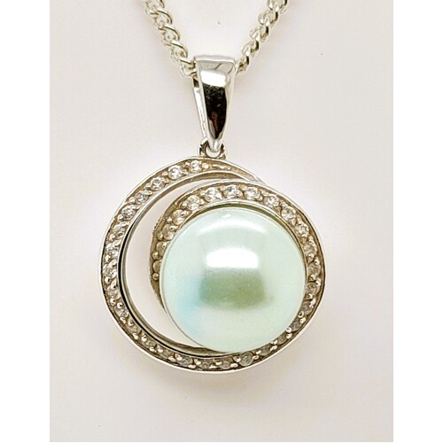 Sterling Silver Cubic Zirconia and Green Created Pearl Pendant CLEARANCE