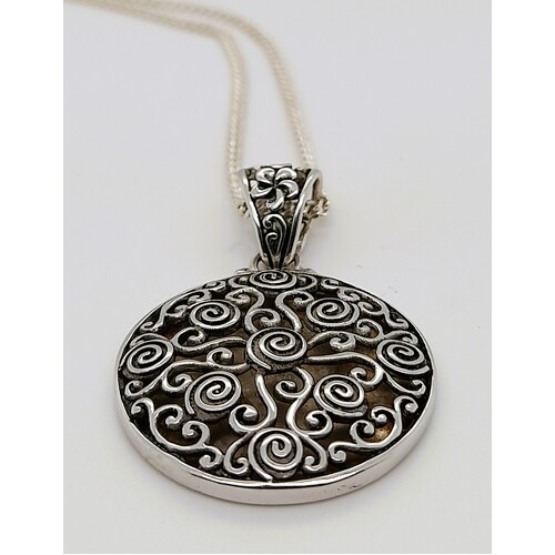 Sterling Silver Oxidised Round Open Filigree Scroll Pendant
