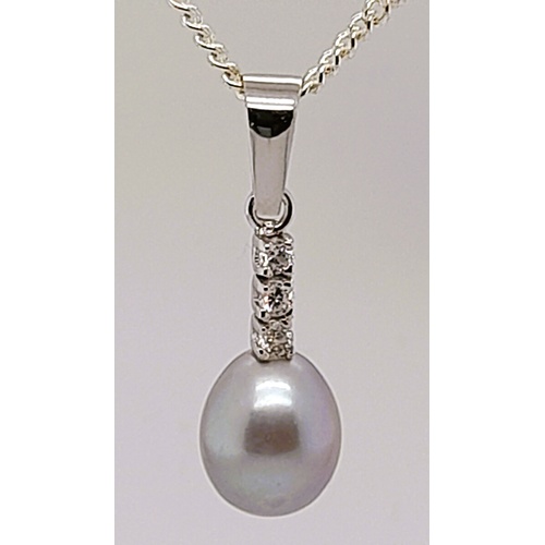 9 Carat White Gold Gr eyFreshwater Pearl & Cubic Zirconia Pendant - CLEARANCE