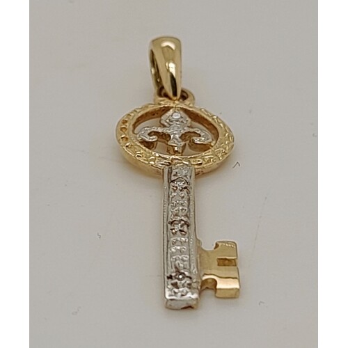 9 Carat Two Tone Gold Diamond Set Key Pendant with Fleur-de-Lys
