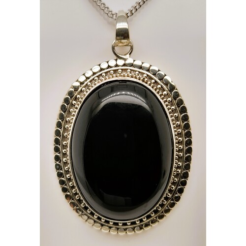 Oxidised Sterling Silver Black Cabochon Onyx Pendant
