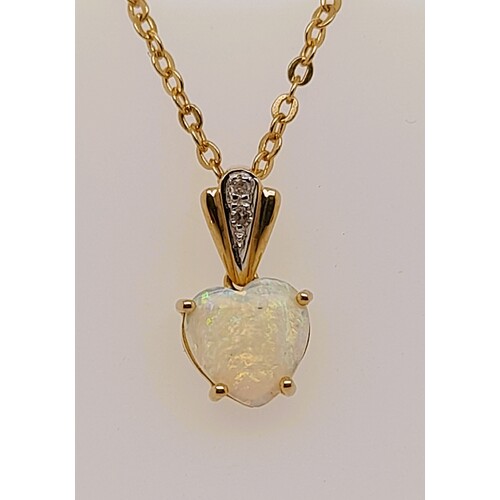 FireGem 14 Carat Yellow Gold Claw Set Solid White Opal and Diamond Pendant
