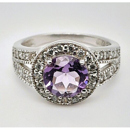 Sterling Silver Natural Amethyst and Cubic Zirconia Ring AUS Size O