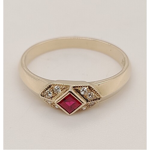 9 Carat Yellow Gold Princess Cut Ruby and Diamond Ring AUS Size N