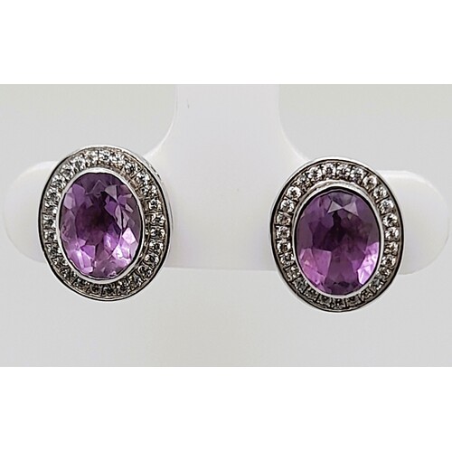 Sterling Silver Amethyst and Cubic Zirconia Oval Stud Earrings