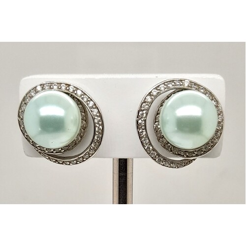 Sterling Silver Cubic Zirconia and Green Created Pearl Stud Earrings CLEARANCE