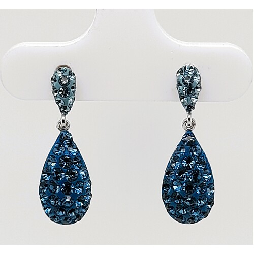 Sterling Silver Blue Crystal Drop Stud Earrings