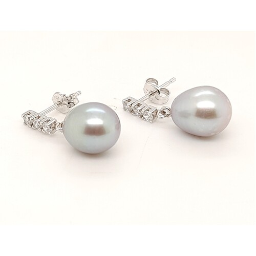 9 Carat White Gold Grey Freshwater Pearl with Cubic Zirconia Drop Earrings