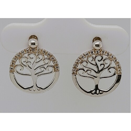  Sterling Silver Cubic Zirconia Set Tree of Life Stud Earrings