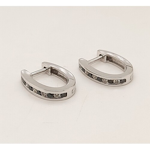 9 Carat White Gold Channel Set Black & White Diamond Huggie Earrings