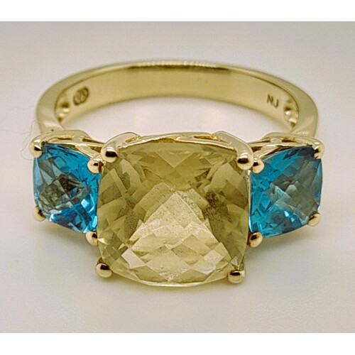9 Carat Yellow Gold Lime Quartz and Blue Topaz Ring AUS Size O½