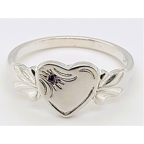 February Sterling Silver Birthstone Single Heart Signet Ring with Amethyst Cubic Zirconia AUS Size L