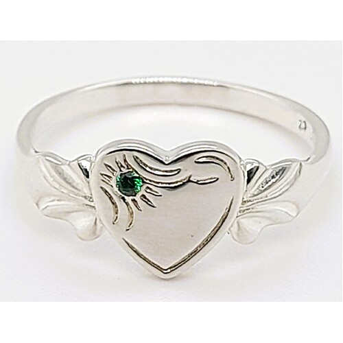 May Sterling Silver Birthstone Single Heart Signet Ring with Emerald Cubic Zirconia AUS Size M