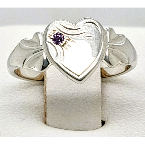 June Sterling Silver Birthstone Single Heart Signet Ring with Alexandrite Cubic Zirconia AUS Size H