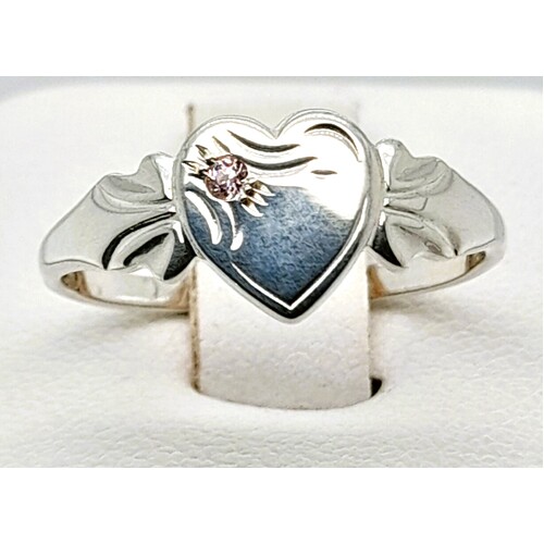 October Sterling Silver Birthstone Single Heart Signet Ring with Rose Cubic Zirconia AUS Size F