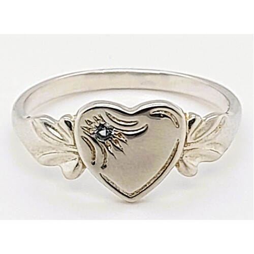 December Sterling Silver Birthstone Single Heart Signet Ring with Blue Ziron Cubic Zirconia AUS Size L