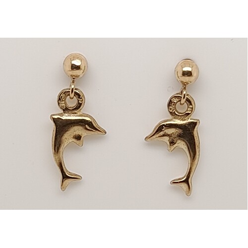 9 Carat Yellow Gold Dolphin Drop Earrings