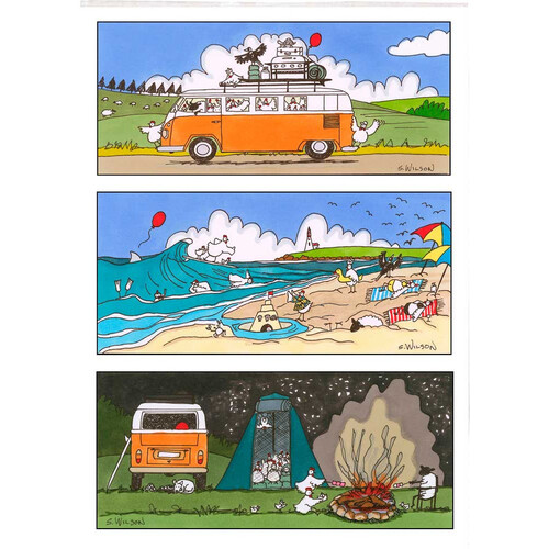 Sally Wilson Art CHOOKS ON 'Camping' Cotton Tea Towel