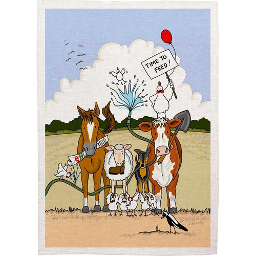 Sally Wilson Art CHOOKS ON 'Time to Feed' Cotton Tea Towel