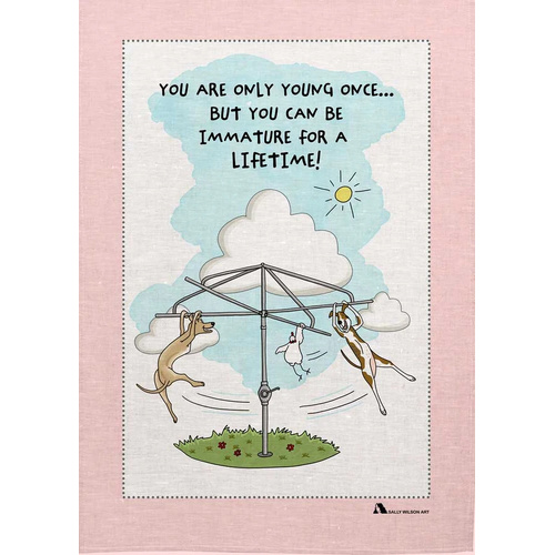 Sally Wilson Art CHOOKS ON 'Your Only Young Once' Cotton Tea Towel
