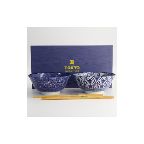 Tokyo Design Studio Nippon Blue 2 Piece Tayo Bowl Set with Dot Wave Chopsticks