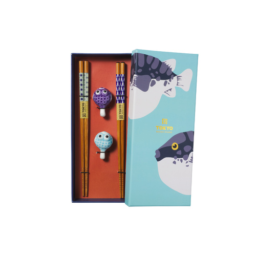 Tokyo Design Studio Blowfish 4 Piece Chopsticks with Rest Gift Set