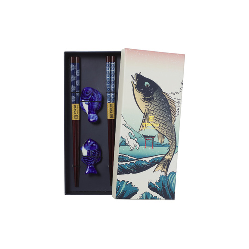 Tokyo Design Studio Blue Fish 4 Piece Chopsticks with Rest Gift Set