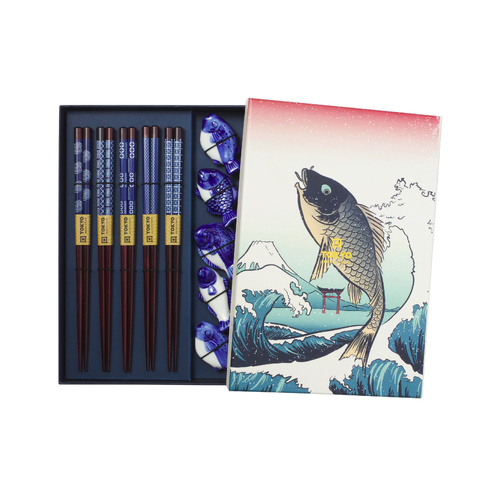 Tokyo Design Studio Blue Fish 10 Piece Chopsticks with Rest Gift Set
