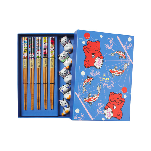 Tokyo Design Studio Lucky Cat Hanami 10 Piece Chopsticks with Rest Gift Set