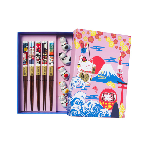 Tokyo Design Studio Neko Cat 10 Piece Chopsticks with Rest Gift Set