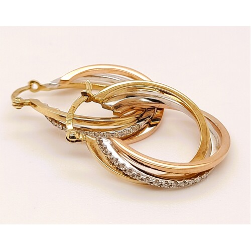 9 Carat Three-tone Gold Diamond Set Twisted Hoop Earrings