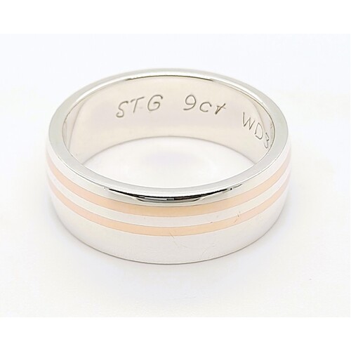 Sterling Silver and 9 Carat Rose Gold 8mm Wide Ring AUS Size W - CLEARANCE