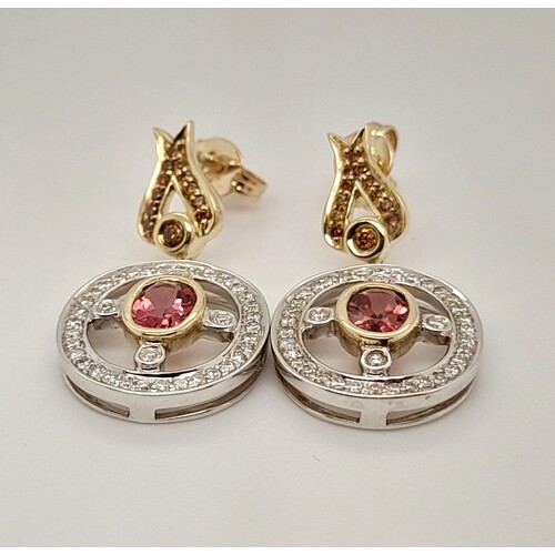 9 Carat Two-tone Yellow & White Gold Pink Tourmaline and Diamond Drop Earrings